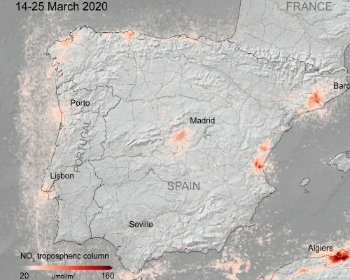 Concentración de dióxido de nitrógeno en España en marzo de 2020