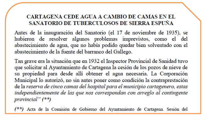 Cartagena cede agua a cambio de 5 camas en el Sanatorio Sierra Espuña