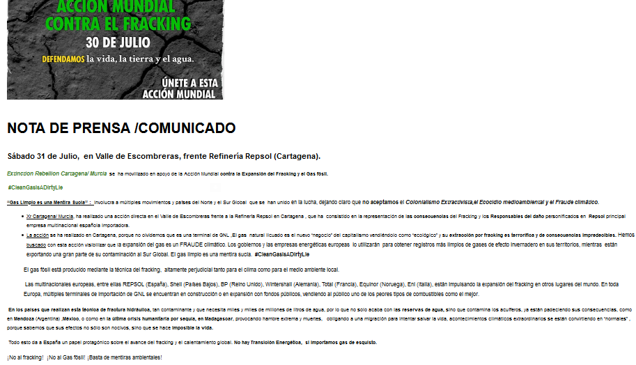 Nota de prensa XR acción mundial contra el fracking, en Cartagena frente a Repsol el 31 julio